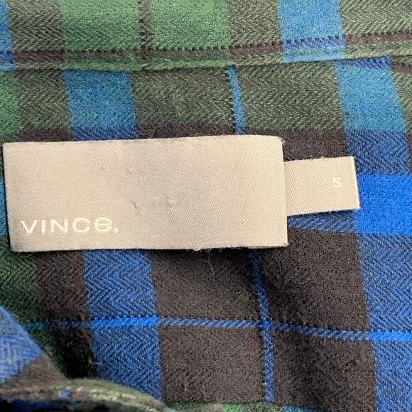 VINCE Size S Green Blue Plaid Cotton Blend Raw Edge Long Sleeve Shirt - Picture 4 of 7